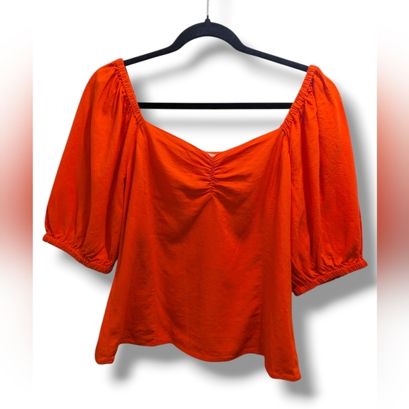 H&M Tops - H&M Vibrant Orange Linen Blend Puff Short Sleeve Top Blouse- S